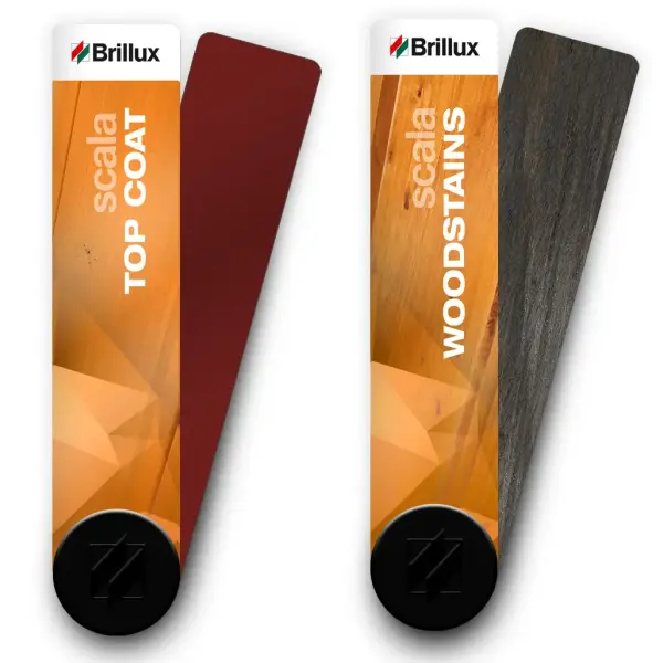 One red color shade on a color scale for top coats and one gray color shade on a color scale for woodstains