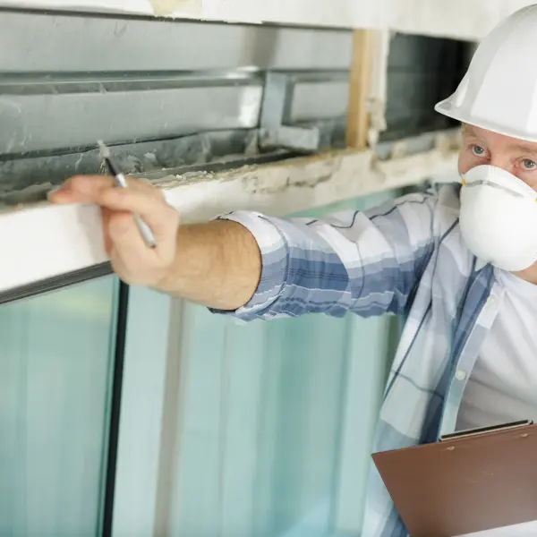 Ein Mann auf einer Baustelle, der einen Helm und eine Maske trägt