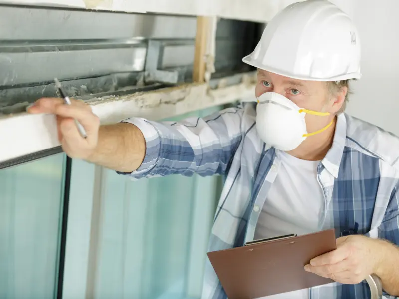 Ein Mann auf einer Baustelle, der einen Helm und eine Maske trägt