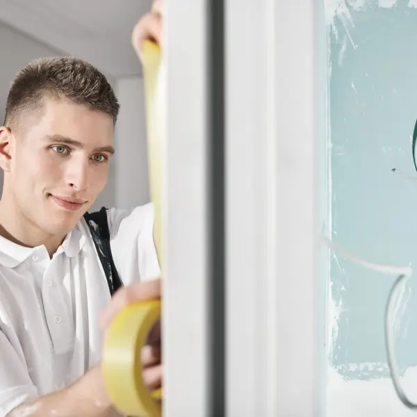 Junger Mitarbeiter klebt eine Tür ab