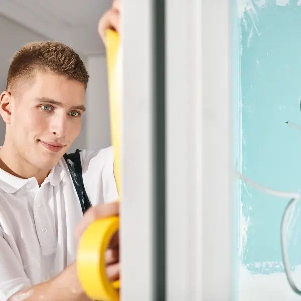 Maler klebt Kreppband an die Wand
