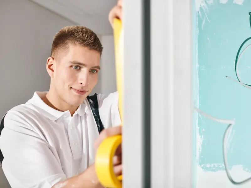 Maler klebt Kreppband an die Wand