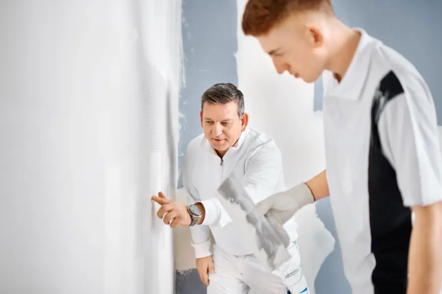 Ausbilder zeigt Azubi etwas an der Wand