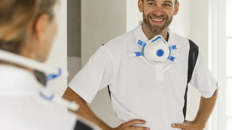 Eine Person in weißer Arbeitskleidung mit einer Atemschutzmaske um den Hals steht in einem hellen Raum mit neutralem Hintergrund. Im Vordergrund ist eine weitere Person unscharf von hinten zu sehen.