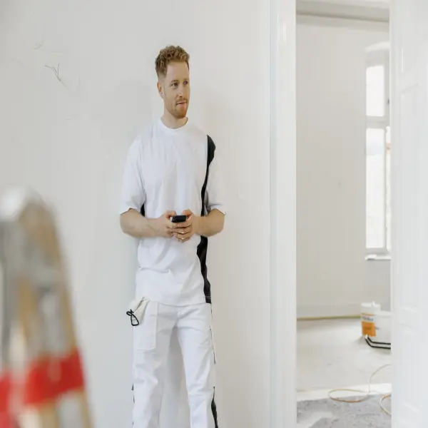 Ein Maler vor einer weißen Wand mit Handy in der Hand