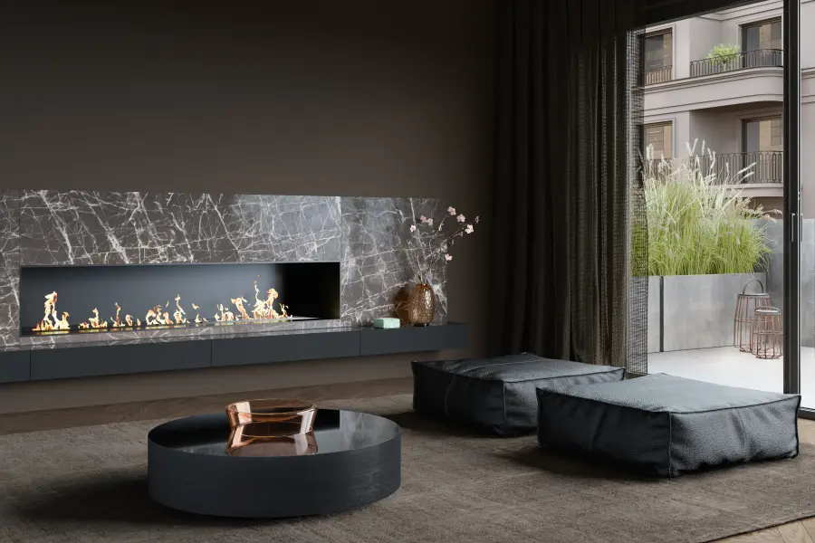 Sitzecke in einem dunklen Ton mit Wandfarbe in Toffee Erde dahinter