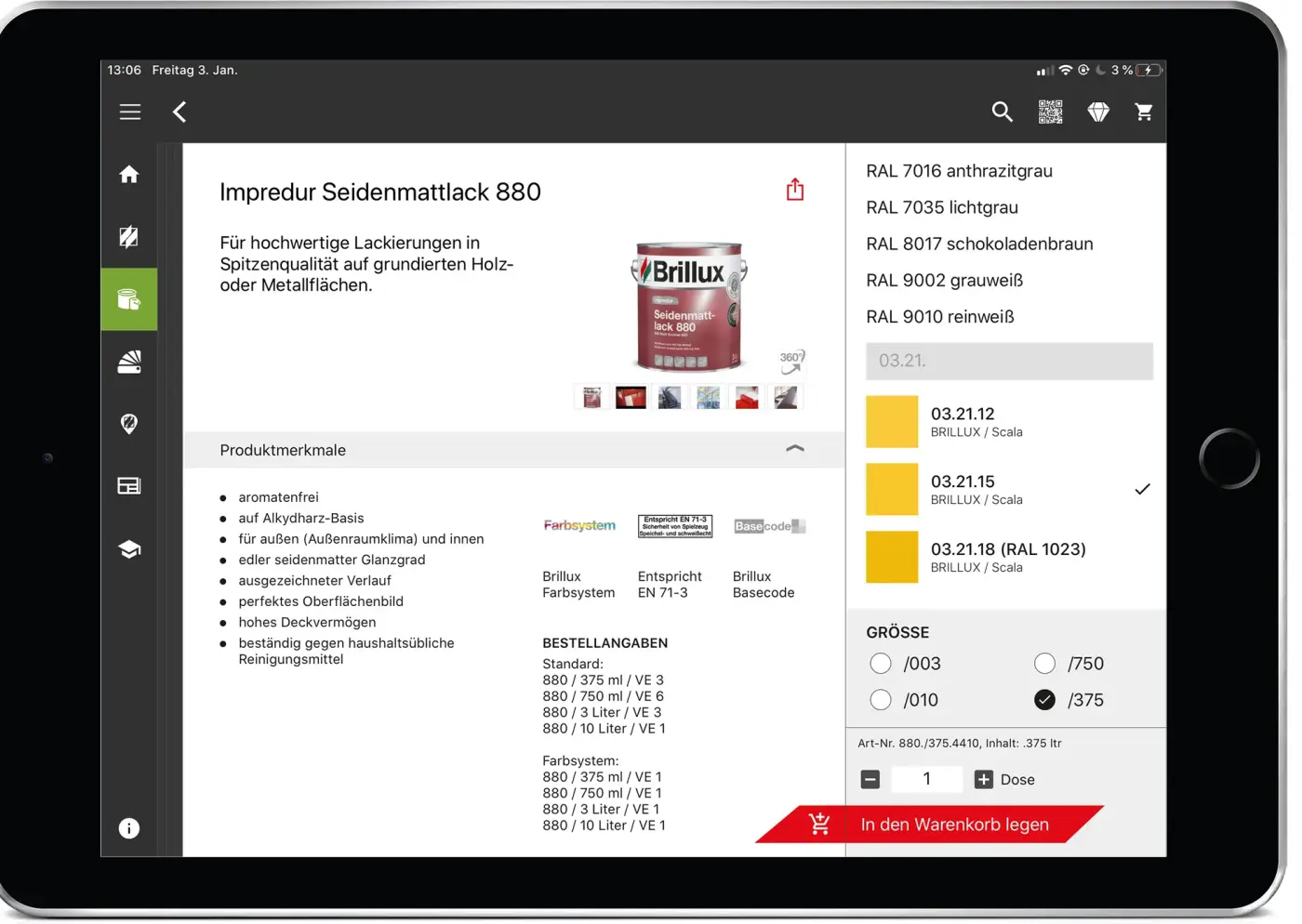 Tablet Brillux App Datenblatt Impredur