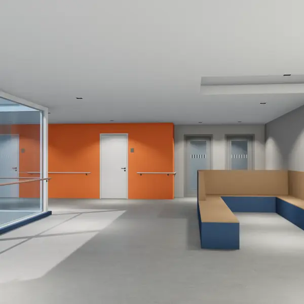 Visuelle Barrierefreiheit orangene Wand und Holzbank