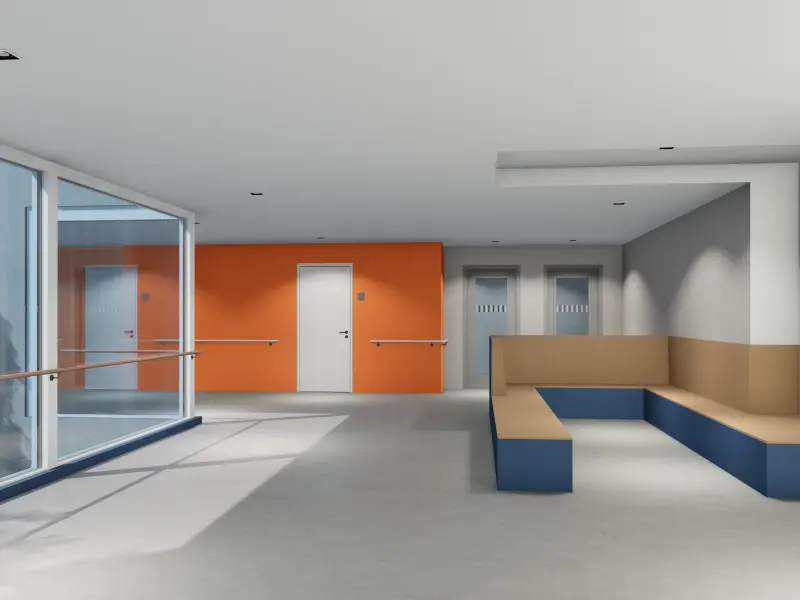 Visuelle Barrierefreiheit orangene Wand und Holzbank