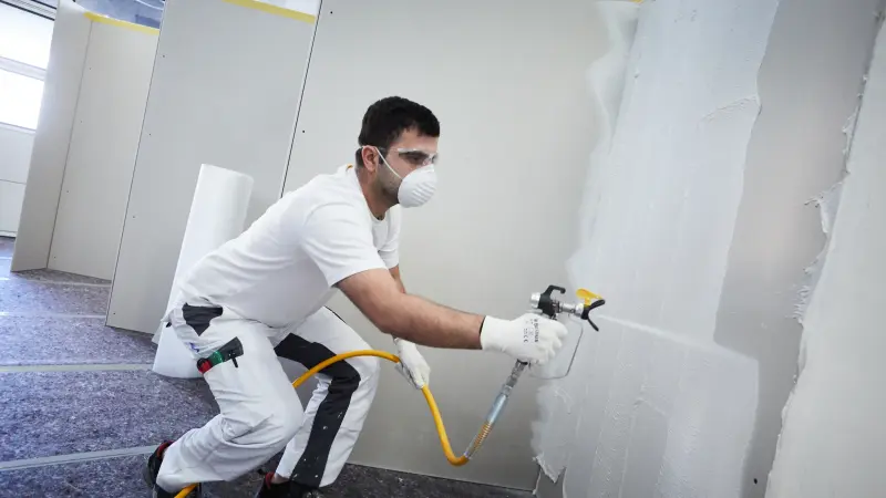 Mann bespritzt die Wand mit weißer Farbe.