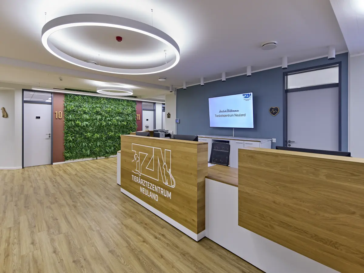 Moderner Empfangsbereich mit Holztresen und großer Pflanzenwand.