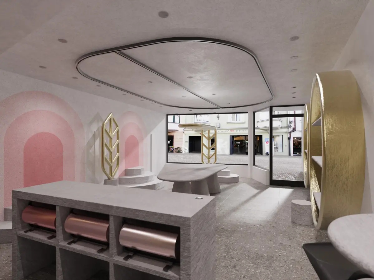 Innenraum mit goldenen Verzierungen und offenen Fenstern