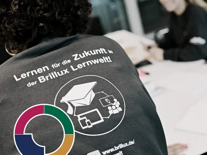 Eine junge Frau sitzt mit dem Rücken zur Kamera an einem Schreibtisch