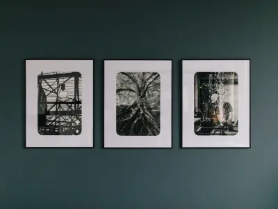drei gerahmte Bilder an einer dunklen petrolfarbenen Wand