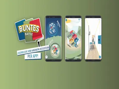 Ein Logo und drei Handypreviews zur App Buntes Battle