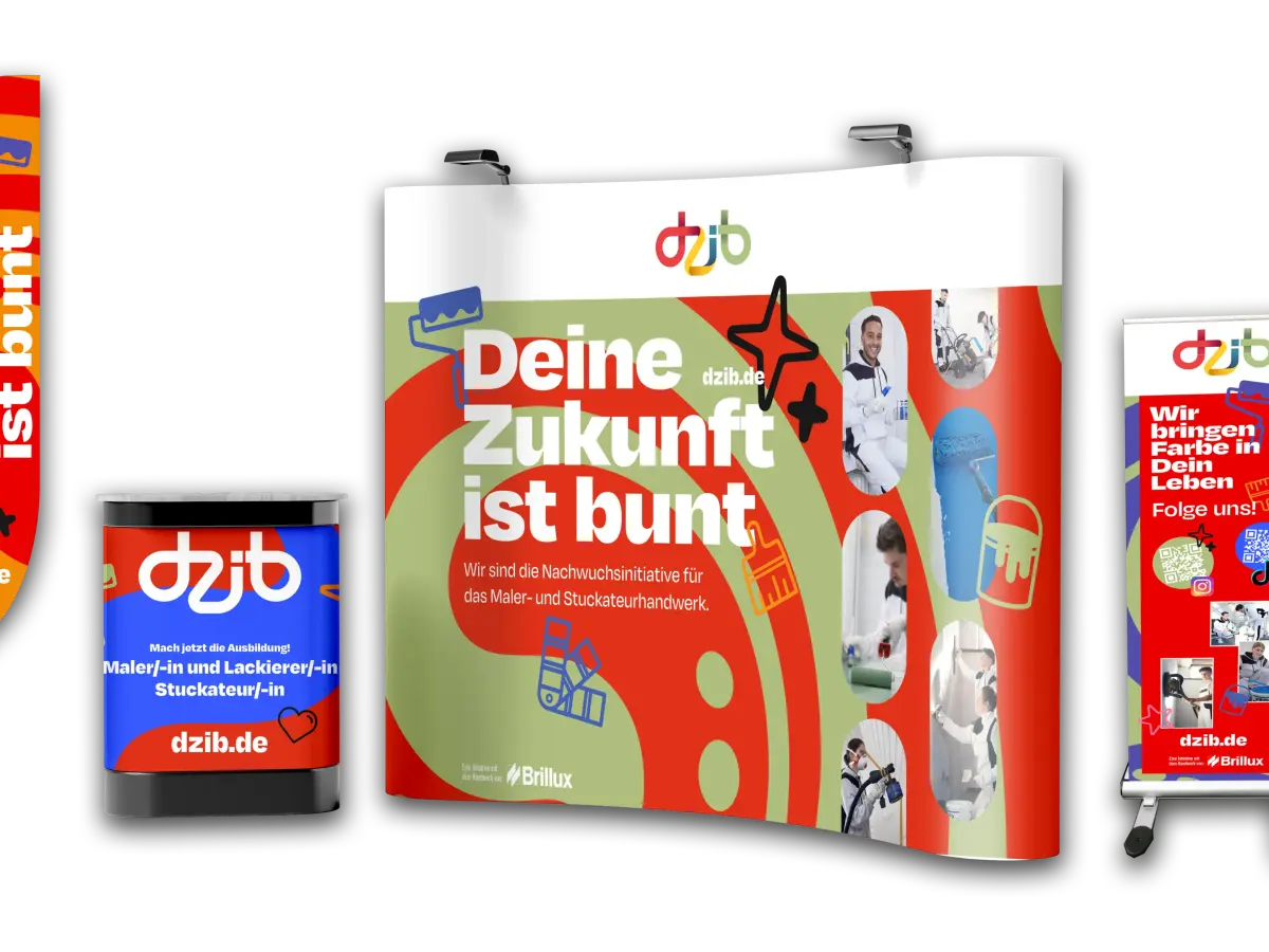 Eine Ansicht mehrerer Messestände Werbemittel