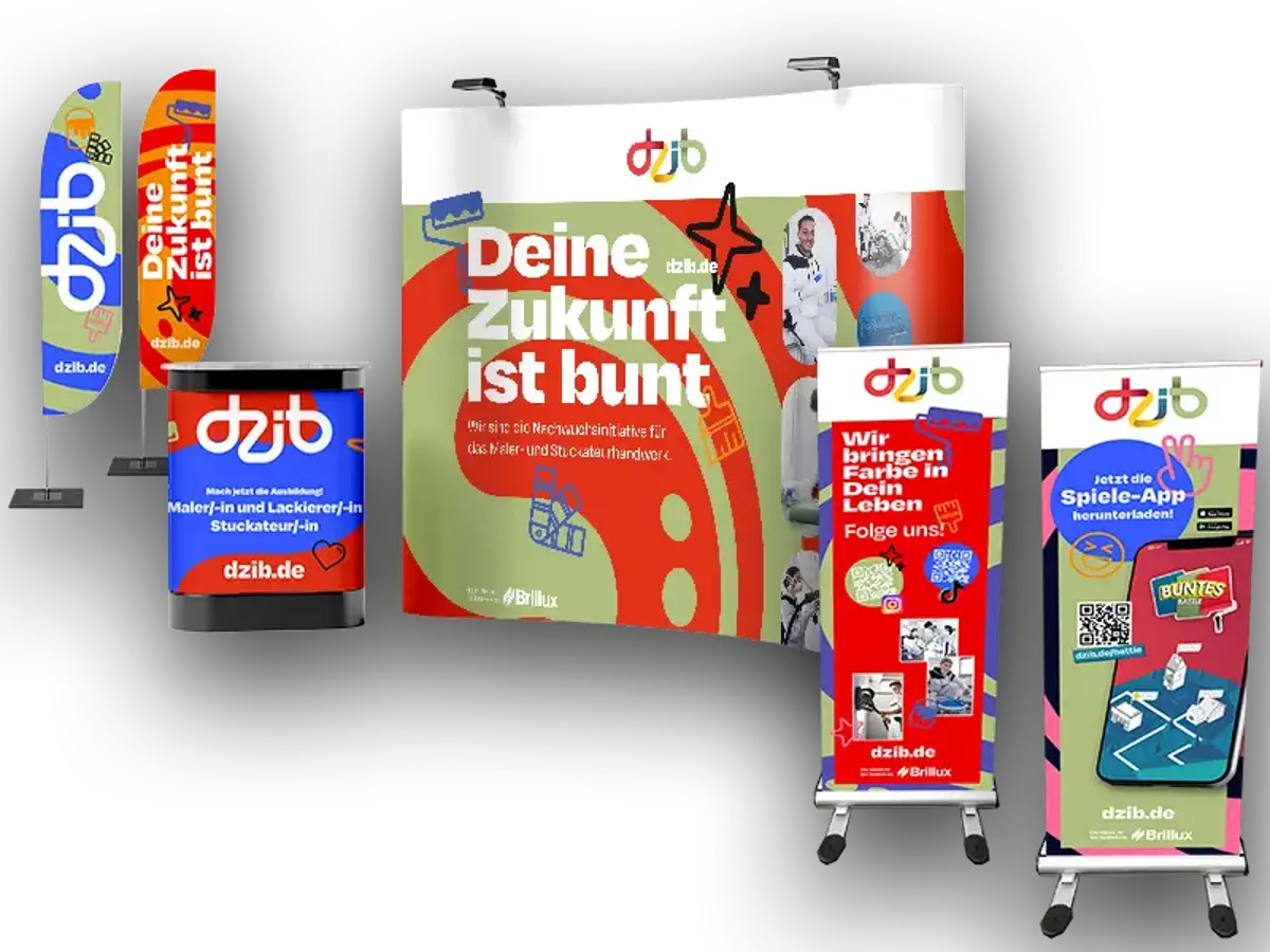 Eine Ansicht mehrerer Messestände Werbemittel