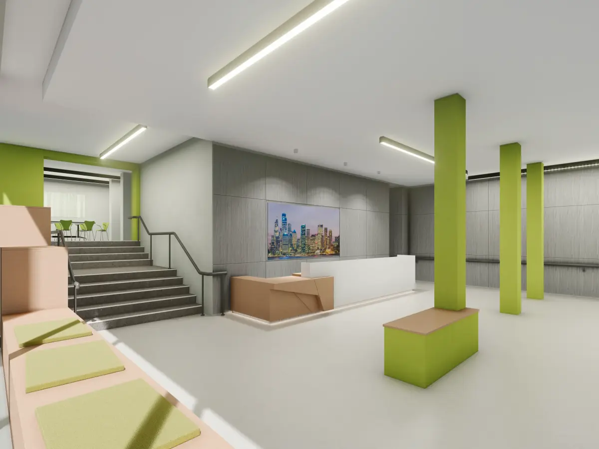 Ein Empfangsbereich in einem Büro mit grüner Farbgebung