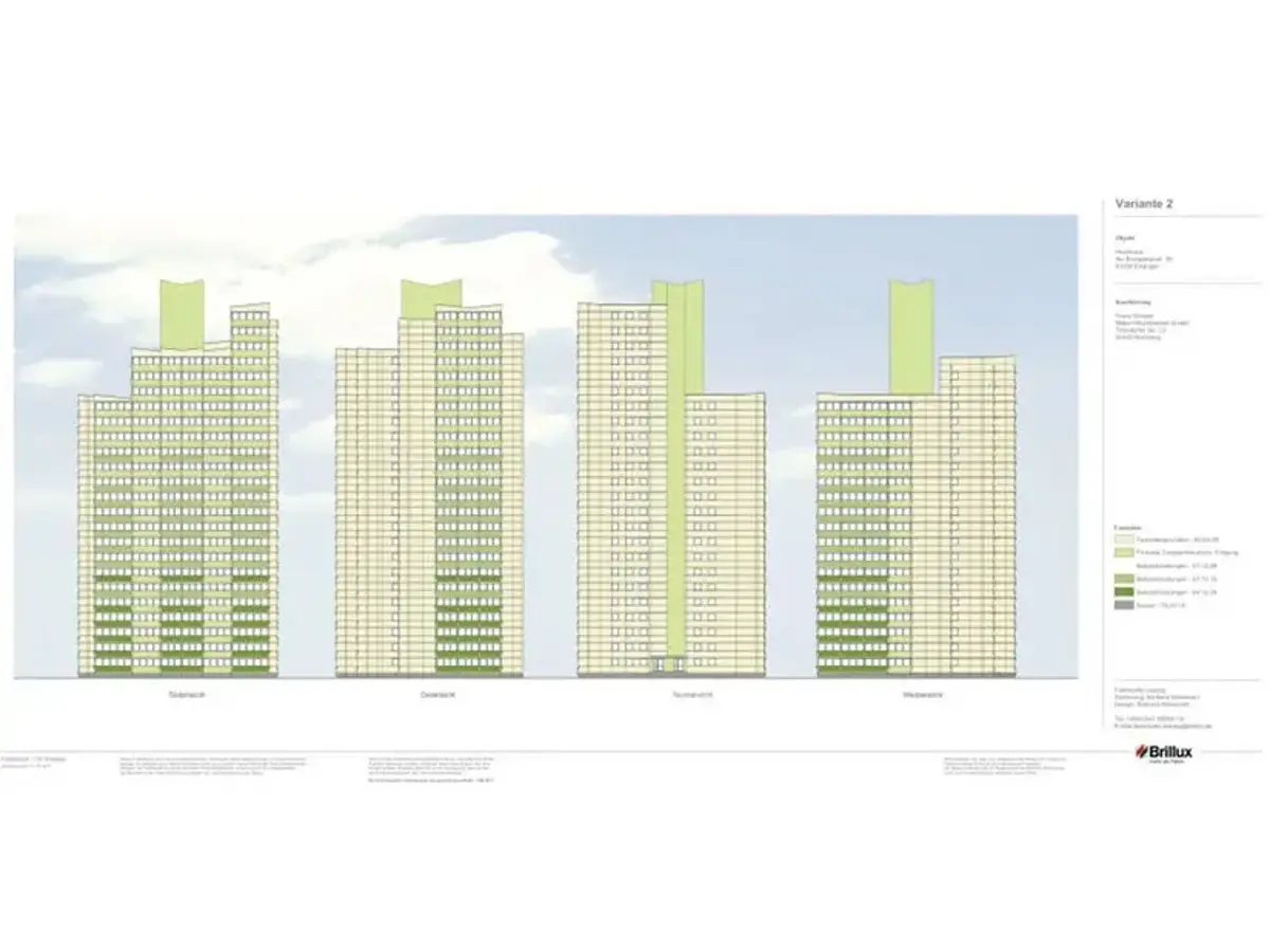 Illustration eines Hochhaus-Komplexes in den Farben grün, orange, gelb und weiß