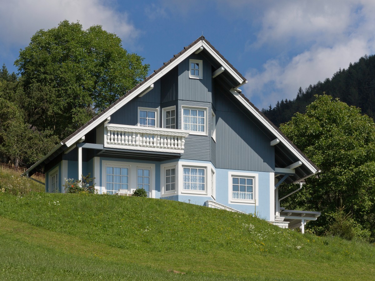 Blaues Landhaus in der Natur, aufgenommen aus einem tiefen Blickwinkel.