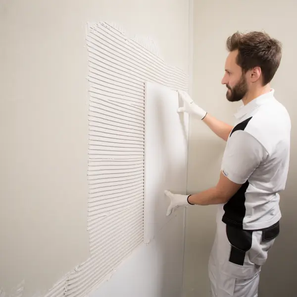 Maler wendet an Wand das Brillux KlimAir-System an