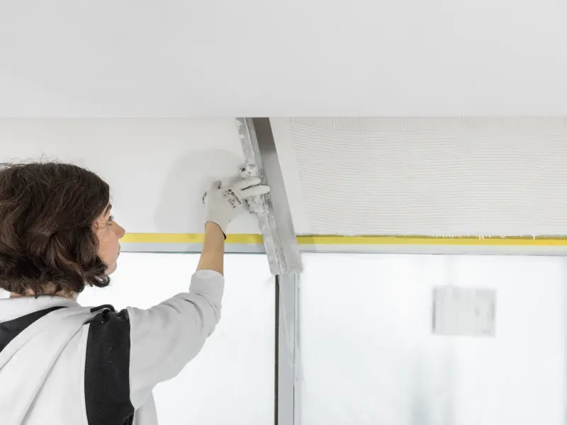 Eine Malerin spachtelt eine Decke