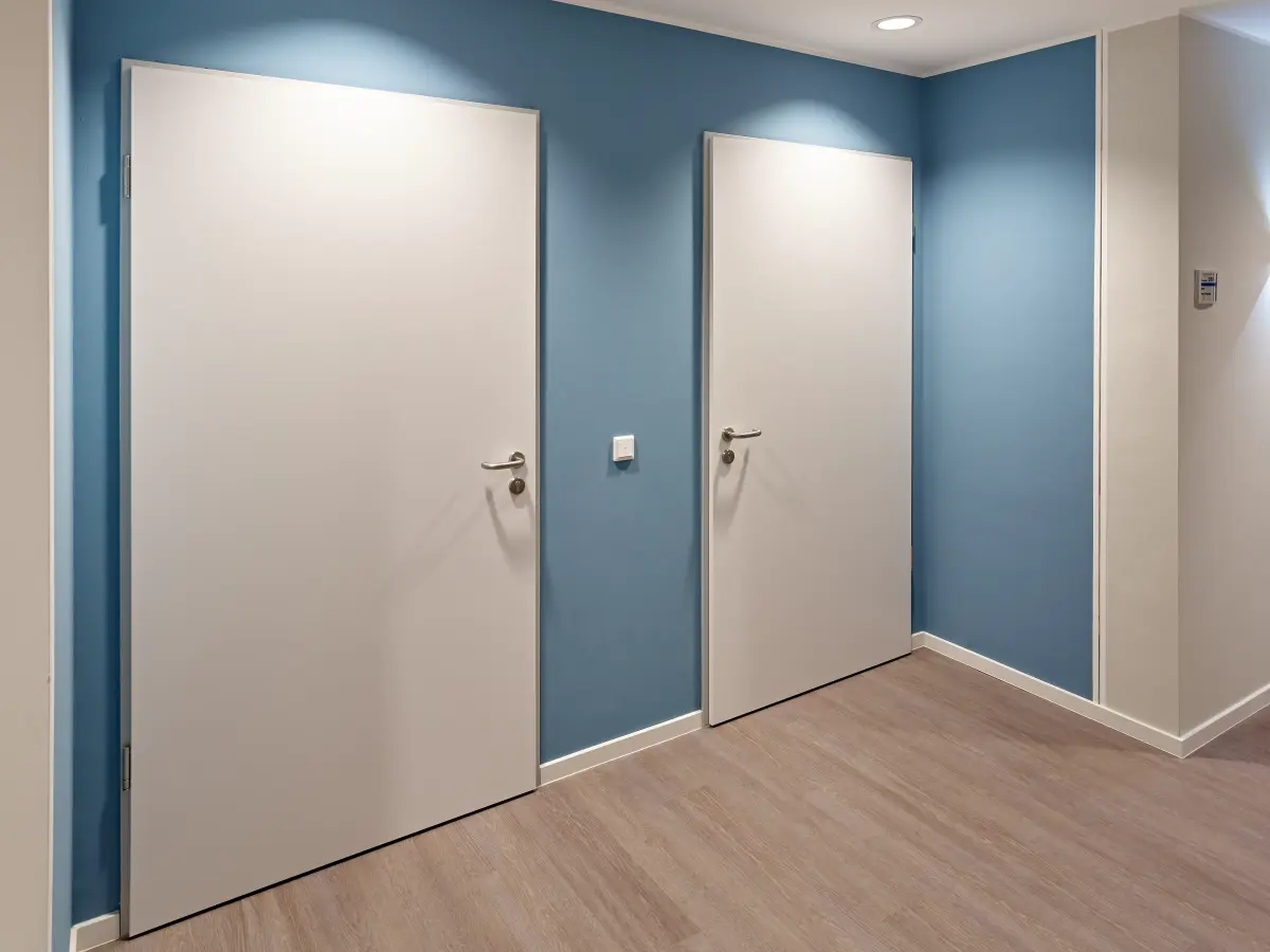 Interieur eines Seniorenheims mit blauen und weißen Wänden