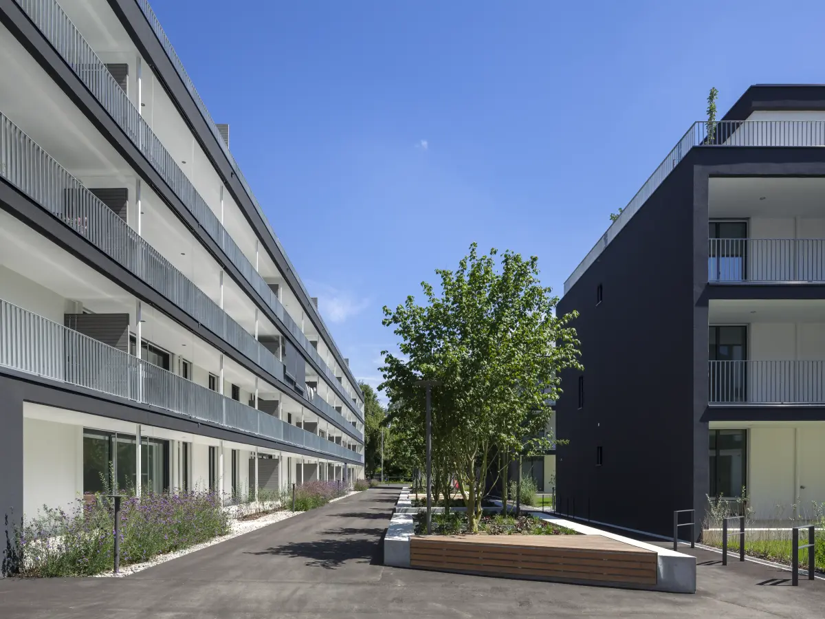 Seitenansicht einer modernen Wohnanlage mit dunkler Fassade, großen Balkonen und einem begrünten Außenbereich bei sonnigem Wetter.