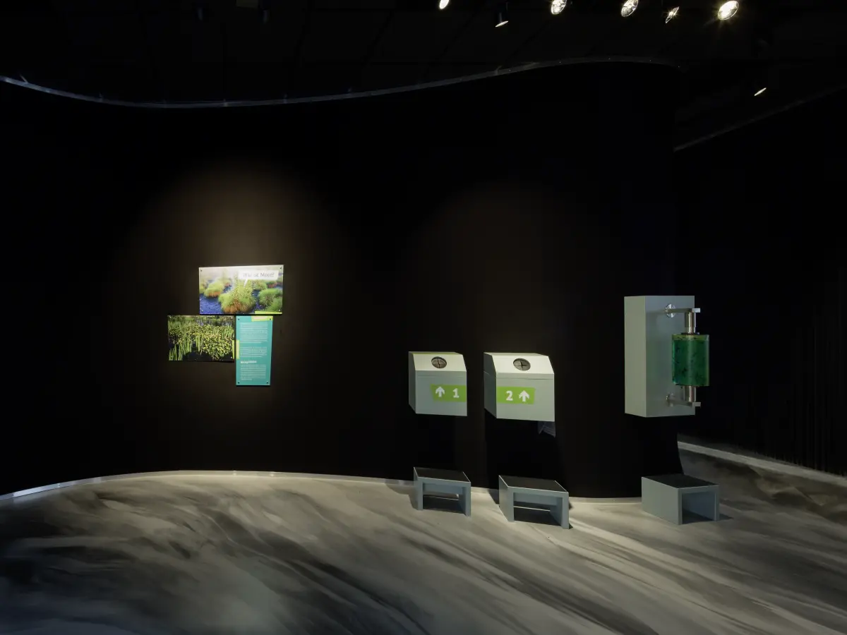 ein Interieur mit Marmorboden und dunklen Wänden