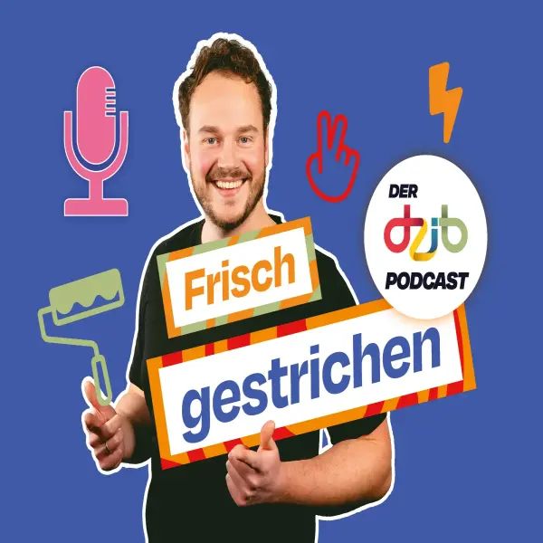 Ein Podcast Moderator inklusive Grafiken um ihn herum