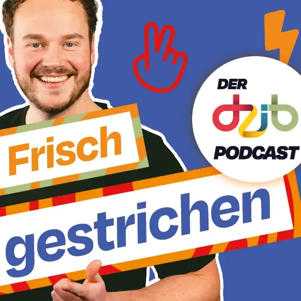 Ein Podcast Moderator inklusive Grafiken um ihn herum