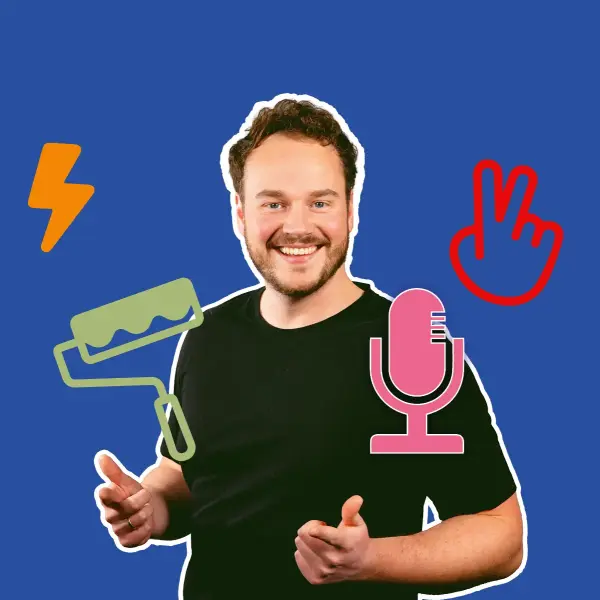 Ein Podcast Moderator inklusive Grafiken um ihn herum