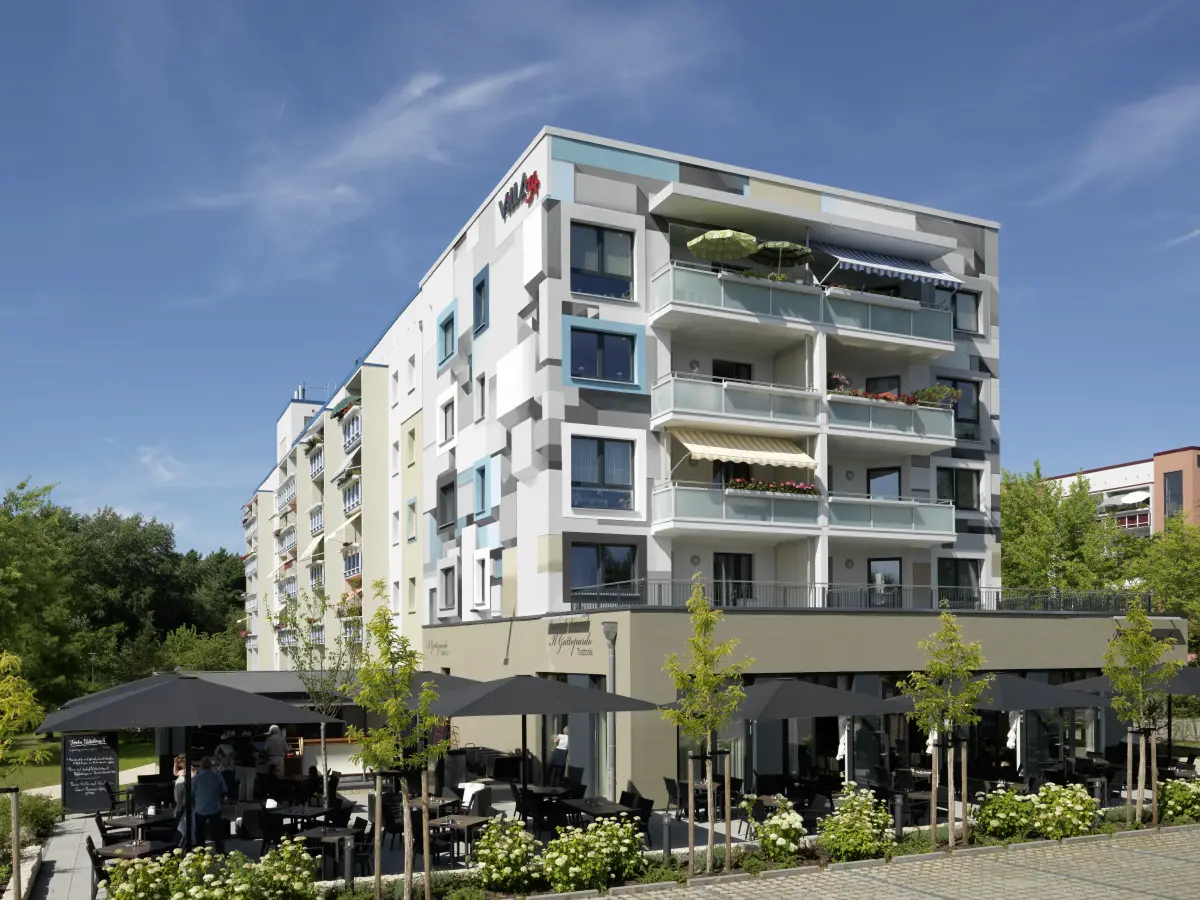 3D einer Gebäudefassade in Beige, Weiß und Blau