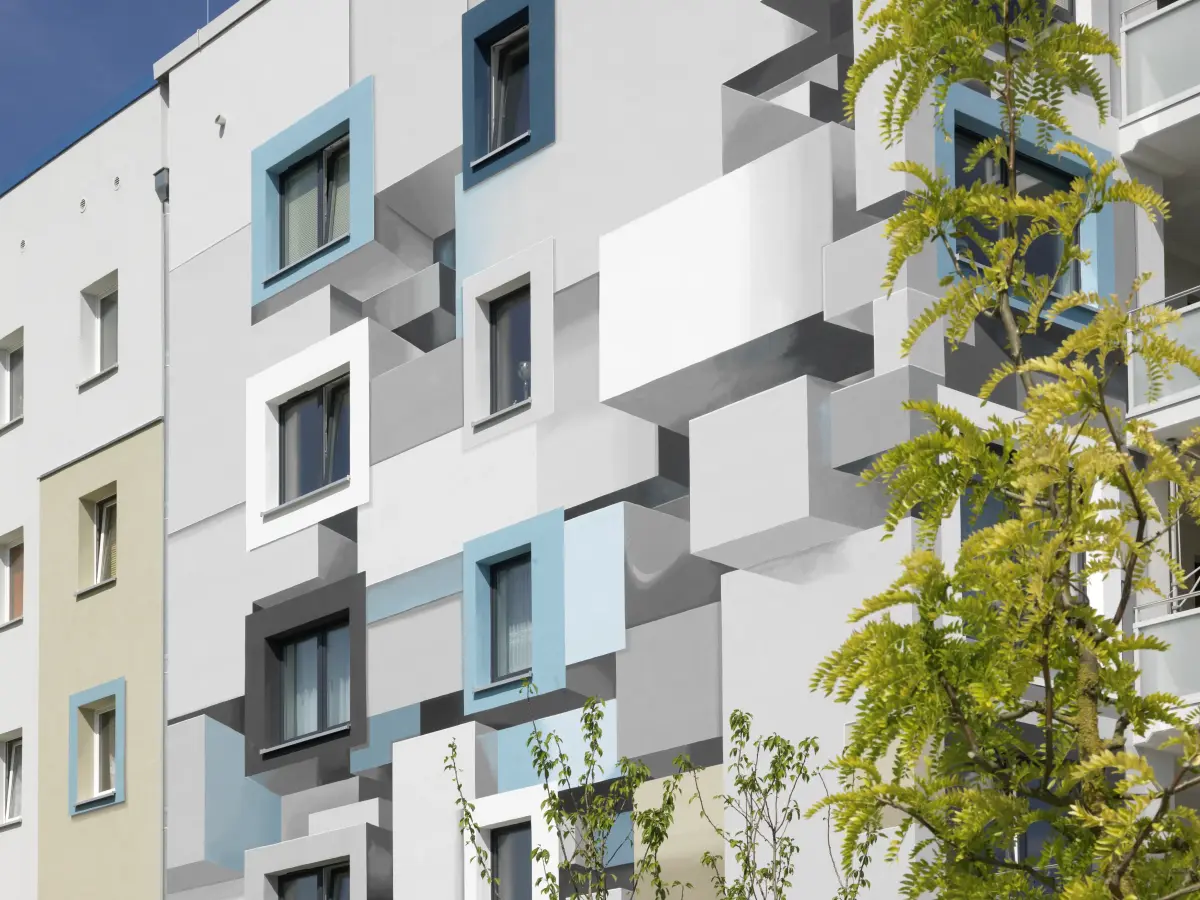 3D einer Gebäudefassade in Beige, Weiß und Blau