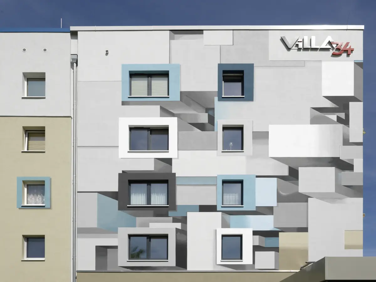 3D einer Gebäudefassade in Beige, Weiß und Blau