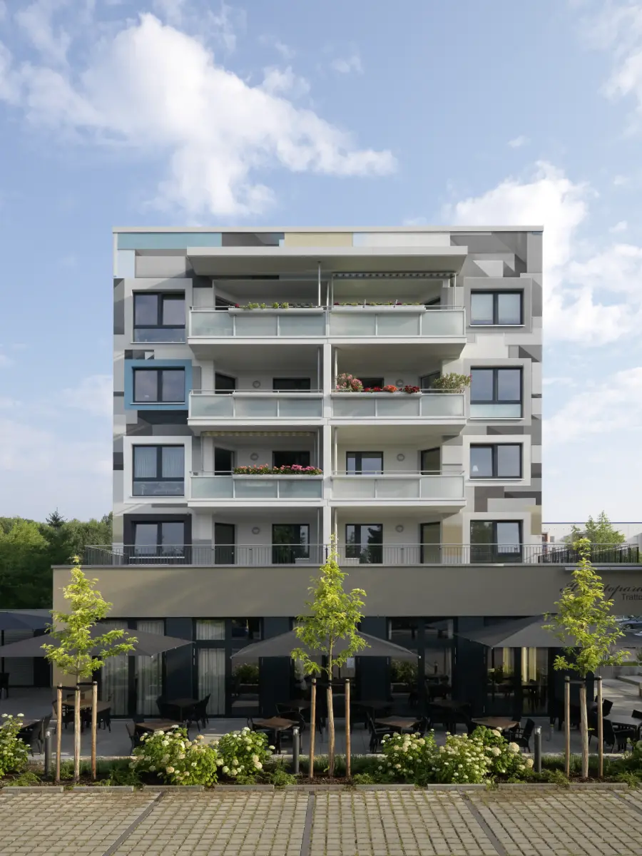 3D einer Gebäudefassade in Beige, Weiß und Blau
