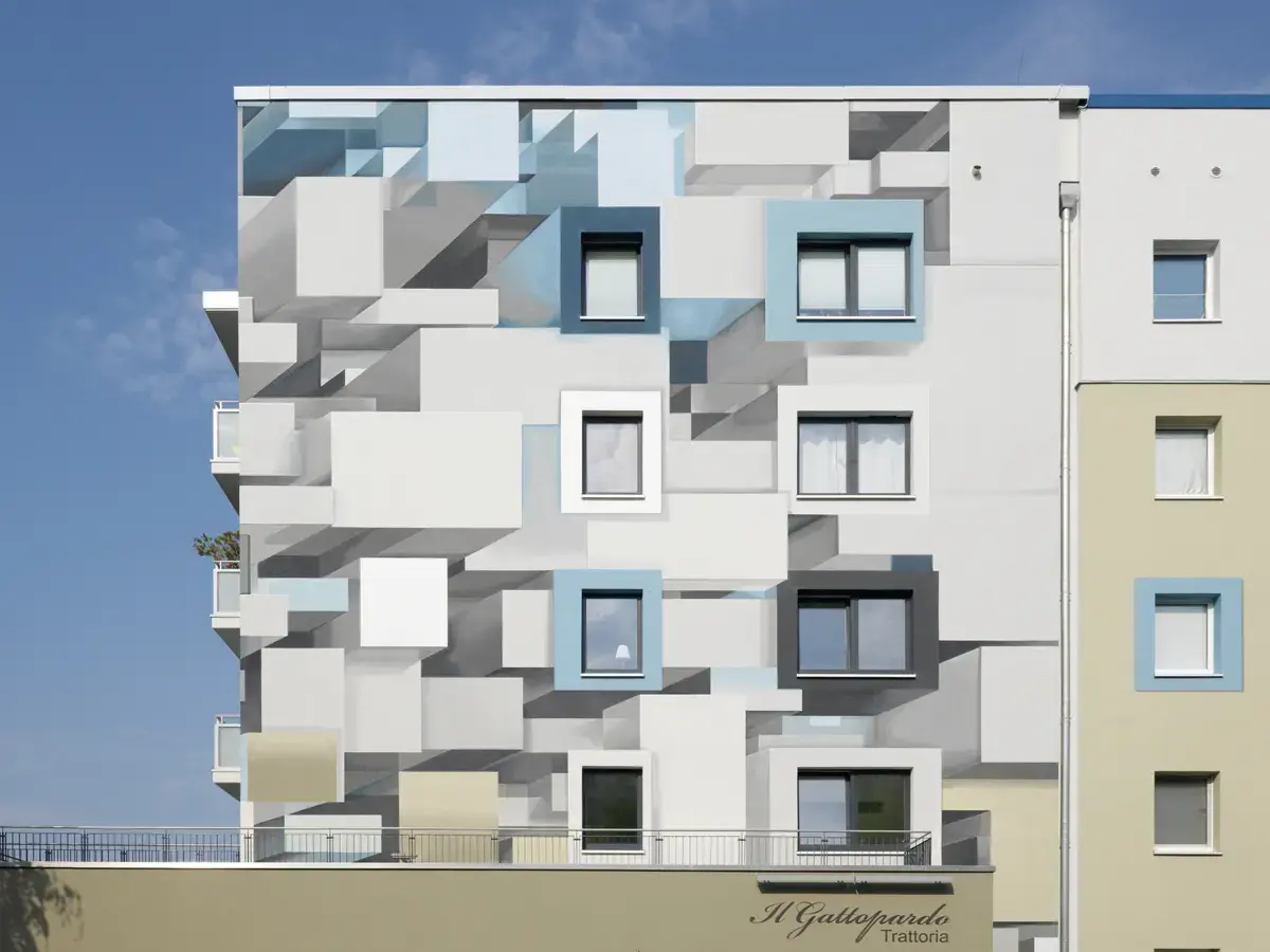 3D einer Gebäudefassade in Beige, Weiß und Blau