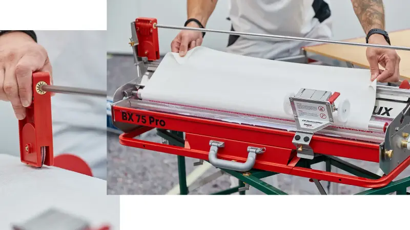 Bild-Collage von mehrere Händen, die mit Brillux Werkzeug arbeiten. Im Fokus ein Tapeziergerät