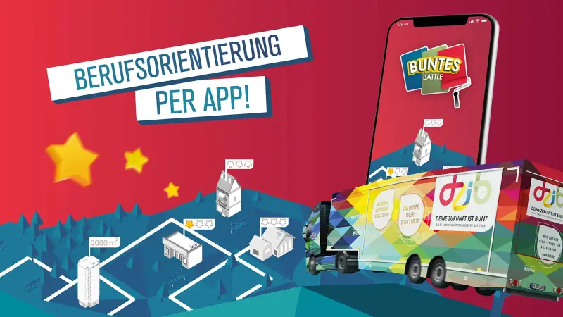 Mehrere junge Menschen stehen vor einem bunten Show-Truck