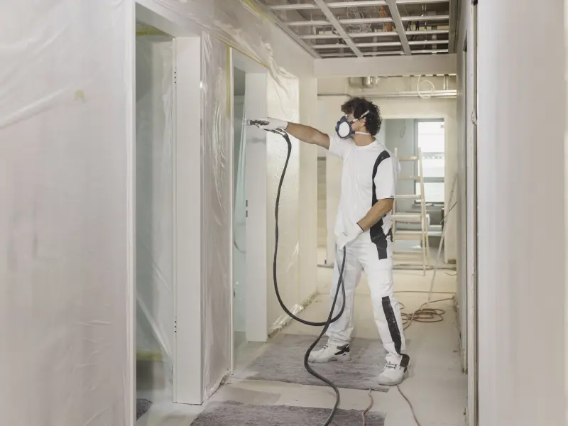 Maler mit Maske sprüht mit einem Sprühgerät Lack an einen Türrahmen
