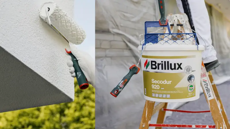 Eine Bildcollage mit einem Farbeimer und einer Rolle