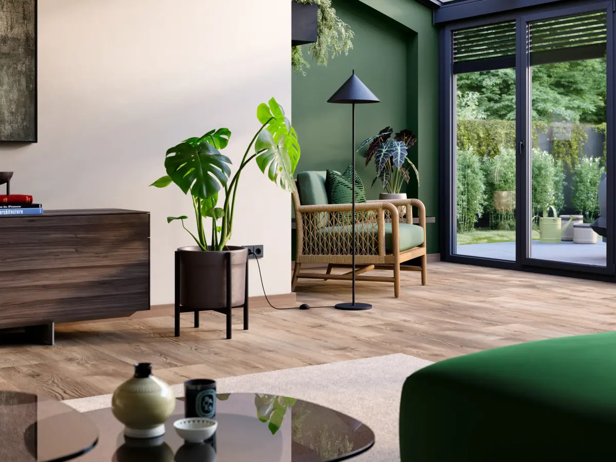 Offenes großes Wohnzimmer in Beige-Tönen