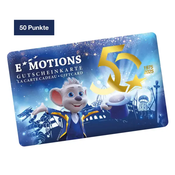Gutschein für den Europapark in Dunkelblau mit einer Maus darauf und der Zahl 50 in Gold. 