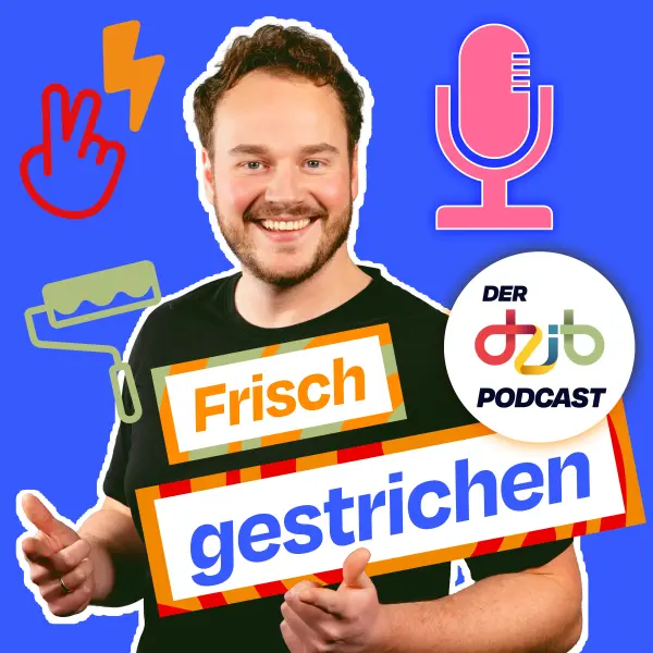 Ein Podcast Moderator inklusive Grafiken um ihn herum