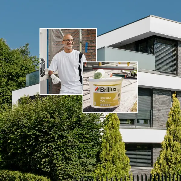 Bild eines weißen Haus inkl. eingebetteter Bilder auf denen Maler und Produkte zu sehen sind
