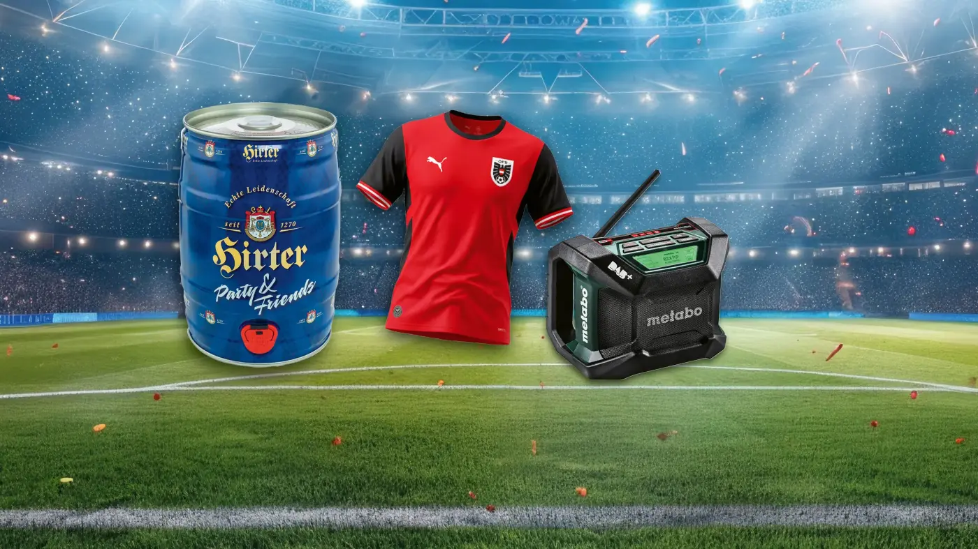 Collage mit Bierfass, Fußballtrikot und Baustellenradio