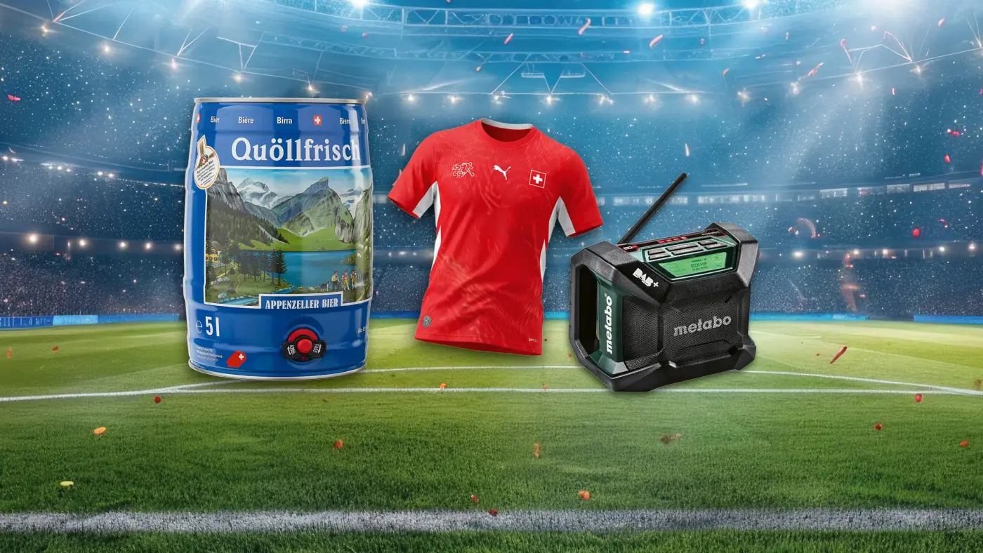 Collage mit Bierfass, Fussballtrikot und Baustellenradio