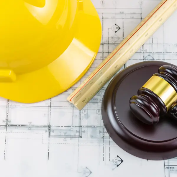 Ein Architektenplan, ein gelber Helm und ein Richterhammer