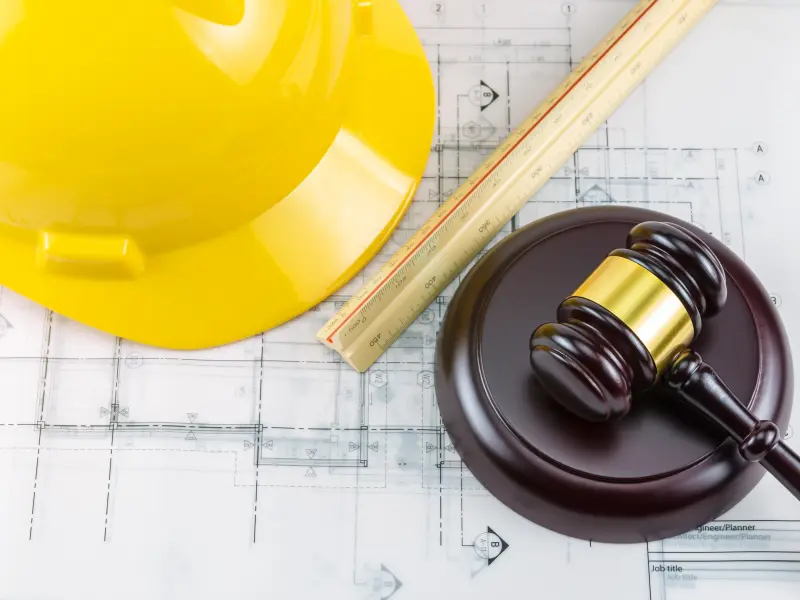Ein Architektenplan, ein gelber Helm und ein Richterhammer