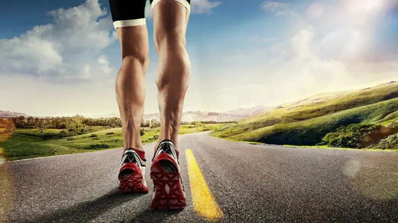 Jogger auf einer asphaltierten Straße mit roten Schuhen